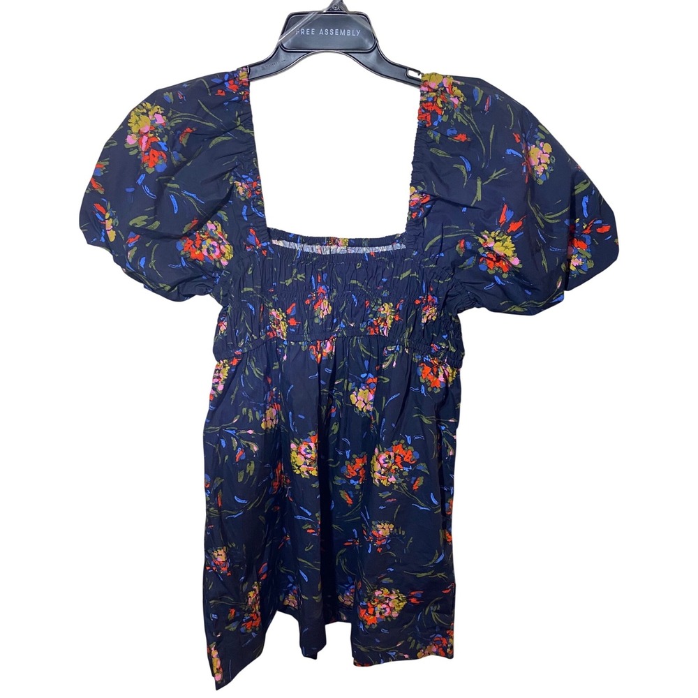 Free Assembly Womens Floral Smocked Puff Sleeve Mini Dress Navy Blue Size L NEW